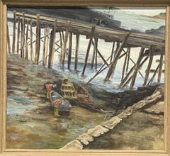 FLORA E. SCHAIFER – c1940s Seascape Oil Painting w/ Pier „Cape Porpoise, Maine“