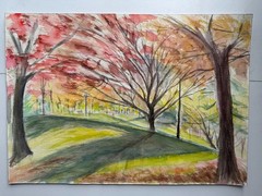 Vintage Watercolor Painting Central Park NYC Autumn Landscape 14 x 20 OOAK