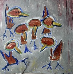 Original Folk Art Birds Painting on Canvas Signed 1987 Outsider Naive Artwork