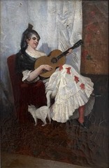 Giovacchino Gamberini 19thC Antique Genre Female Musician Cat Portrait Painting