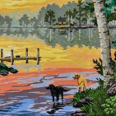 SUNSET CABIN Framed Paint by Number Artwork 20″x24″ Lake Canoe Dogs Sunset Cabin
