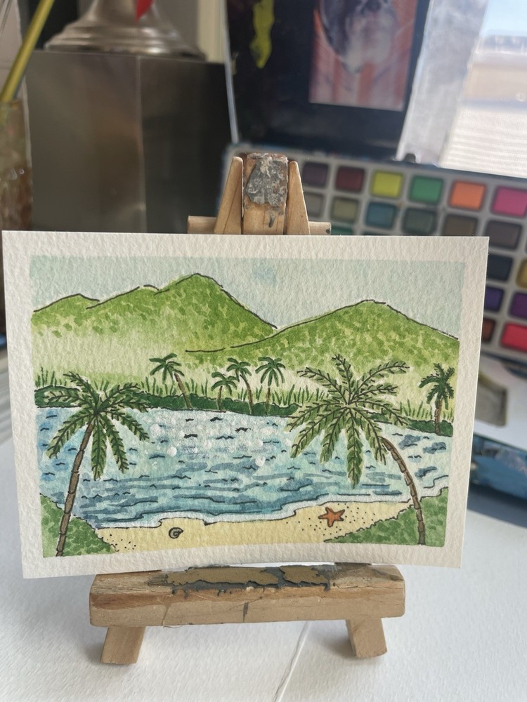 ACEO Tropical Island Palm Coconut Trees Ocean Water Landscape Watercolor Beach