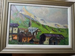 Glassiar 1949 „Mountain Landscape With Rural Homes“ Oil Painting – Signed/Framed
