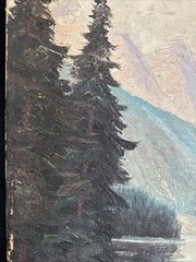 VTG Rustic Mountain Lake Oil Painting Canvas Wall Art Cabin Lodge Decor 20×27”
