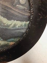 Antique Wood Carved Circular Frame 14in*Old Lady Canvas Portrait Painting Inside