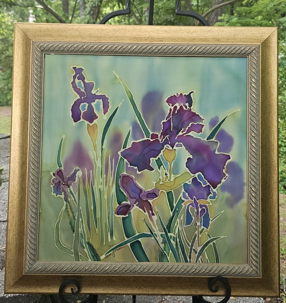 Signed Original Ink on Silk Painting- Irises on Silk by Anne Gordon- Framed