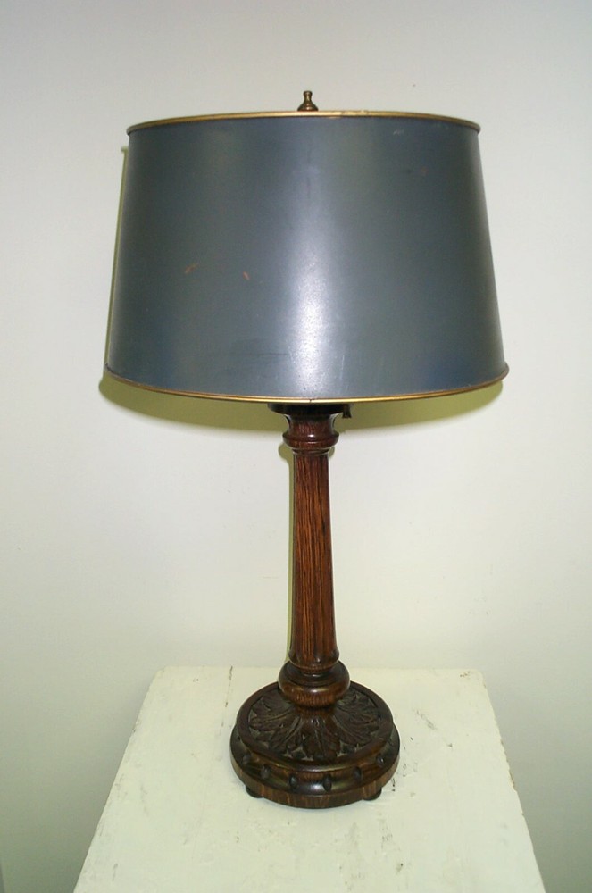 American Carved Oak Lamp w/ Painted Tole Shade, c1910