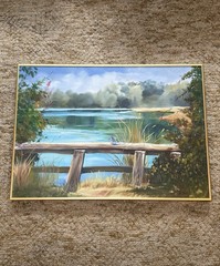 Original Dianne James “Blue Jay” Oil Painting Framed Lake Scene Signed Large