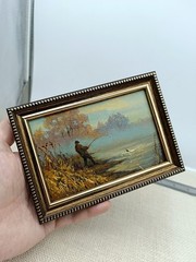Fisherman Original Oil Painting 6×4 Framed Signed Fishing River Landscape Art