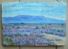 LYDIA WARD, PURPLE LUPINE LANDSCAPE PLEIN AIR IMPRESSIONIST SIGNED VINTAGE OIL