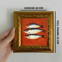 Sardines Kitchen Art, Fish Oil Painting Small Framed Original Art For Home Decor