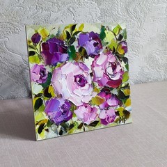 original oil painting Rose Purple Pink Flowers Impasto Floral small art 6*6 inch