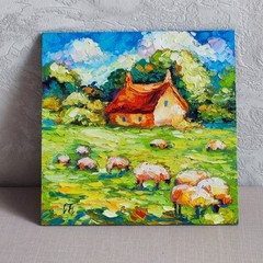 original oil painting Irish Cottage Sheep Landscape Impasto wall art 8*8 inch