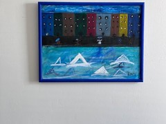 PRIMITIVE PAINTING MADE IN USA TITLED ‚ALONG THE FRENCH COAST“ 25X20 FREE SHIP