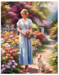 SIBLEY “SERENITY” Mixed Media Original Art Print Woman Dog Flowers Cottage 8×11