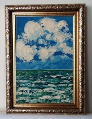 Framed Cloudy Sky Seascape Cloudscape Sea Art 4×6” Impasto Oil Painting Original