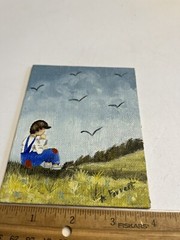 2 Miniature Hand Painted Canvas Pictures Barn Child Sitting In Field Ann Forrest
