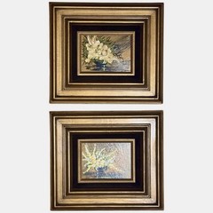 Vtg Framed Floral Paintings Set of 2 Signed “Jan” Gold Frames Velvet Insets MCM