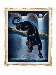 BLACK PANTHER , FULL MOON , WATERFALL , VELVET PAINTING,18″ BY 22″W , NEW