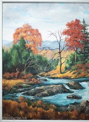 Vintage Fall Landscape Oil Painting Hal Sautter Mountain River Waterfalls 31×39″