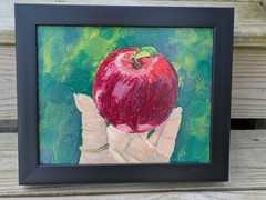 „Temptation“ Original framed oil pastel painting on panel 8″ x 10″ apple in hand