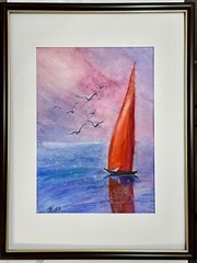 Original Watercolor Painting Seascape yacht with red sails, seagulls On Sunset