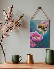 Pink Cosmos and Bumblebee – Original Abstract Realism Art 14×11 Acrylic Painting