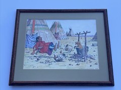 CLARENCE ELLSWORTH PAINTING INDIAN NATIVE AMERICAN TRIBAL TIPI PORTRAIT W DOG