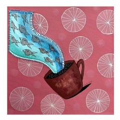 Original watercolor on Acrylic Painting canvas, Fish coffee