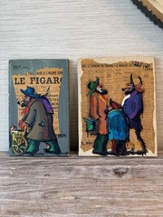 Vintage Jan Clisni Paris 1962 Mixed Media Paintings Pair French Newspaper Art