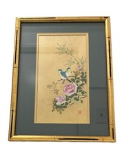 Vintage Two Birds In Roses Silk Batik Painting Watercolor P Chan Peter Signed