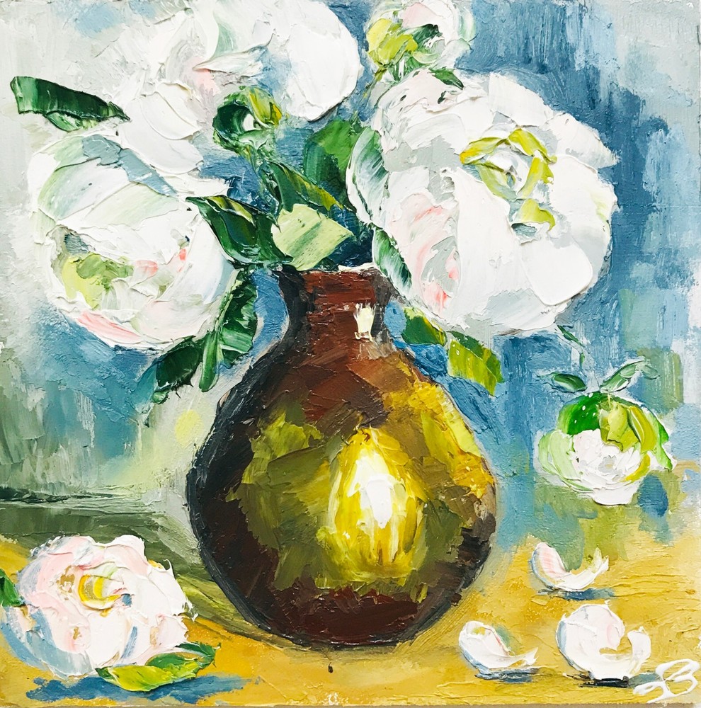 Original Impasto Peony Painting Coffee Table Decor Gift Flower Vase 6 x 6″