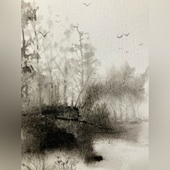 ORIGINAL Birds Landscape Painting Misty Forest Art Watercolor Artwork Monochrome