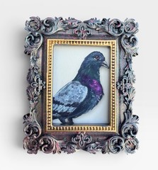 Pigeon watercolor bird print in miniature vintage style ornate frame