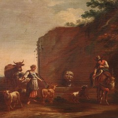 Roman school antique painting oil canvas artwork bucolic landscape 17th century