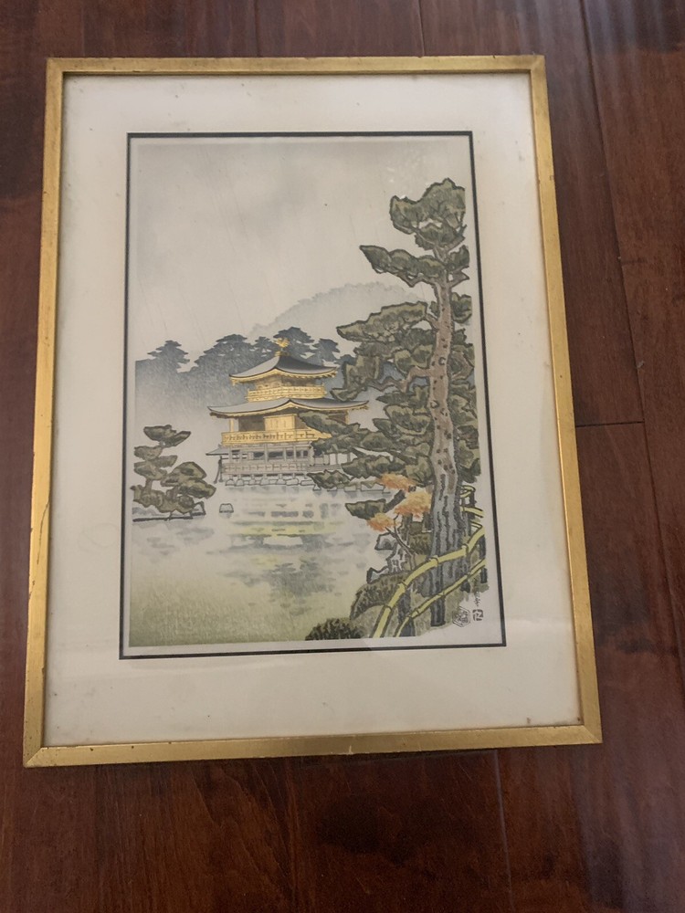 Vintage Japanese Woodblock Print Golden Pavilion in Rain Nisaburo Ito Framed