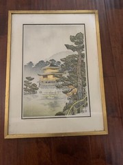 Vintage Japanese Woodblock Print Golden Pavilion in Rain Nisaburo Ito Framed