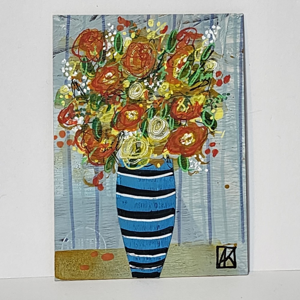 ACEO Original Painting Orange Flowers in Blue Vase Mothers Day Spring AMBER K