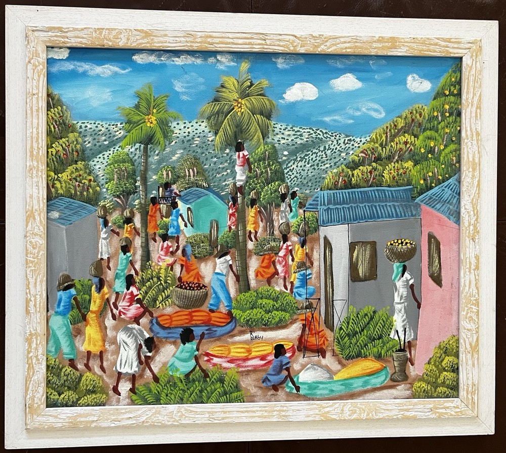 Original Art Painting Tropical Village Market Scene by R Alaby Folk Art Haiti