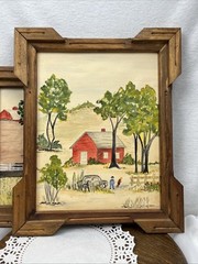 Pair of rustic Americana / Folk Art watercolor paintings – farming scenes