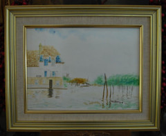 LOVELY FRAMED SIGNED WATERCOLOR COPY OF ALFRED SISLEY’S „FLOOD AT PORT-MARLEY“