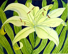 PAINTING WATERCOLOR ORIGINAL ART LILY FLOWER YELLOW GREEN BLUE 11 X14 MAT 16X20