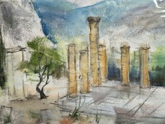 Franz Ehmke *1928 -2018 °Greece Delphi Columns Plateau Mountains Gray Signed