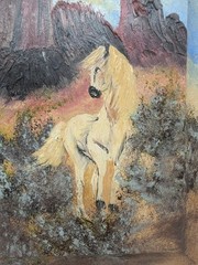 Original Hand-Painted Wild Horse Oil on Vintage Cabinet Door Rustic Southwest