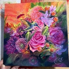 Original hummingbird Painting floral art bouquet flowers ladybug bumblebee EAE