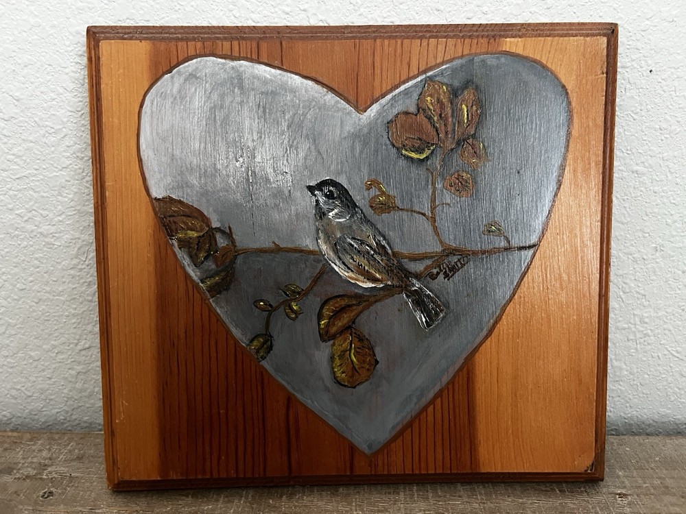 Original Oil Painting On Wood Bird Sitting On Branch Signed Betty Smith Heart