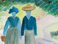 Watercolor By BEVERLY, A Couple Walking, Framed 9 1/2×7 1/2”