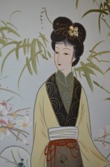 Japanese Asian Geisha Cherry Bamboo Art 20″x24″ Signed Original Painting VTG 80s