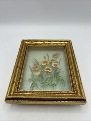 Layered 3 D Glass Floral Painting Yellow Pansies 6″ x 5″ Gold Framed Vintage