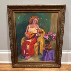 T. Koutsenko Signed Framed Expressionist Woman w/ Mandolin, 27×25”
